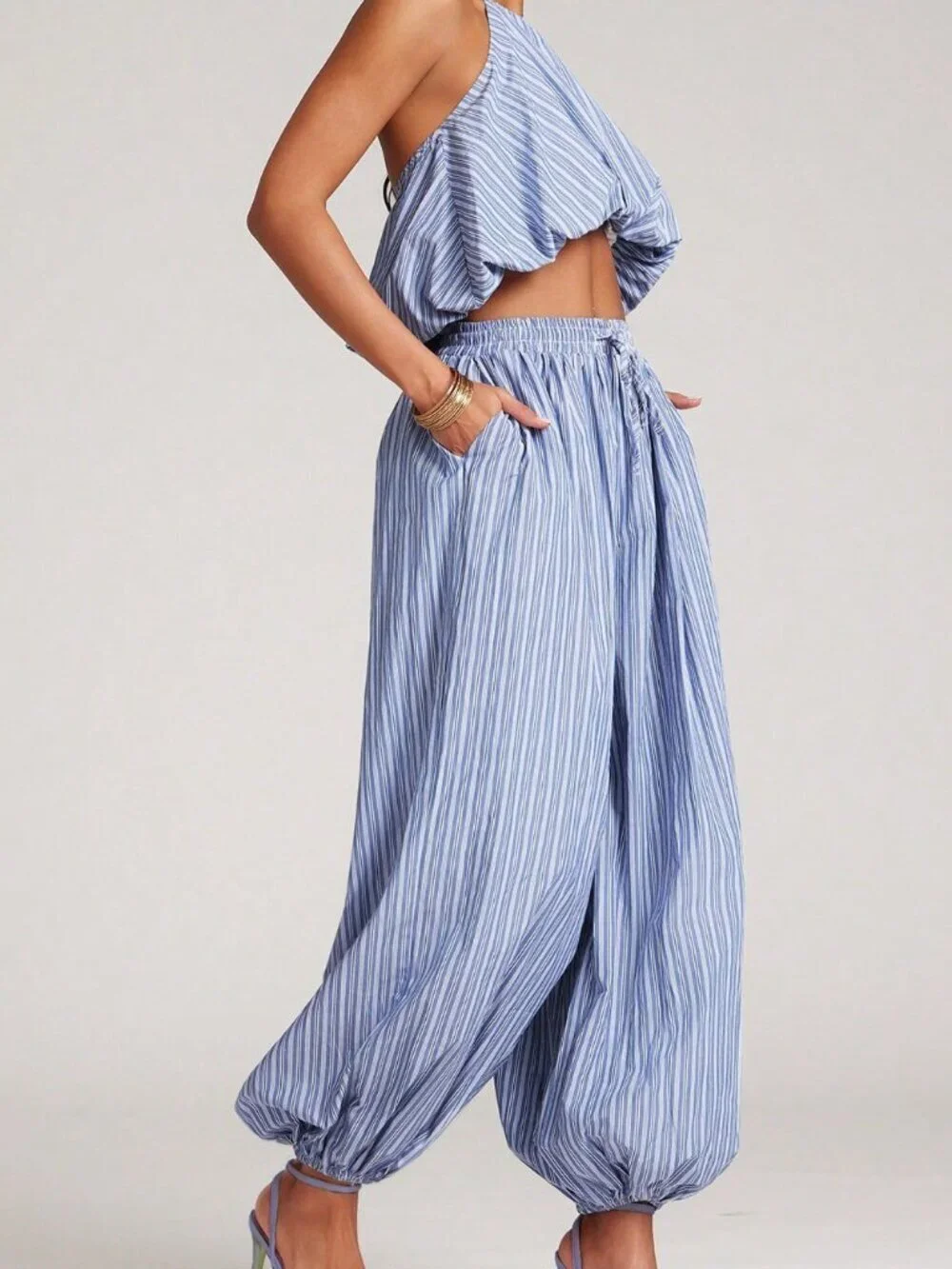 Blue Sexy Women's Matching Set Top and Pant with Halter Hem Striped Joggers